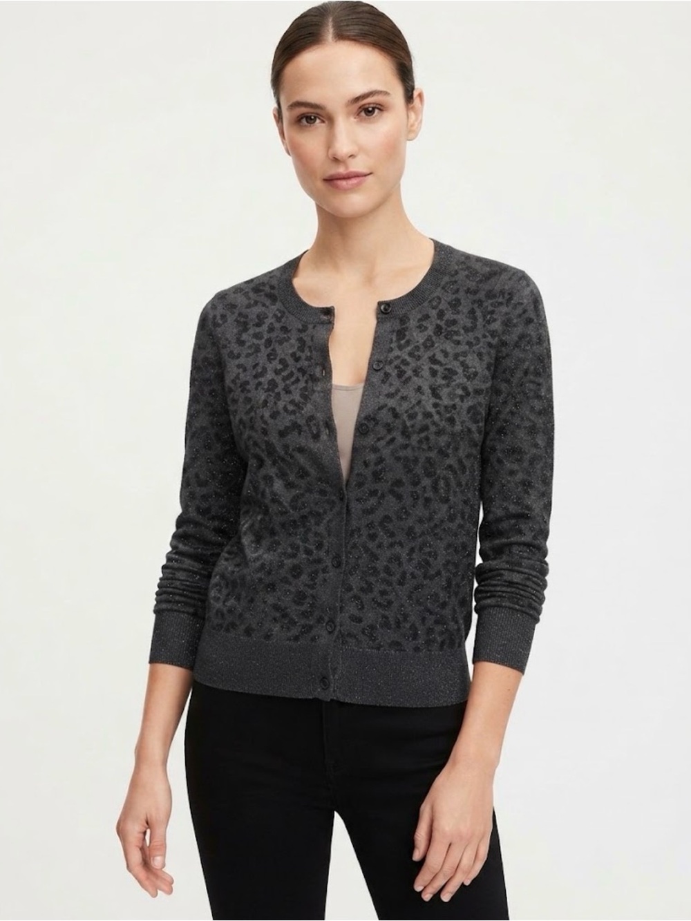 LOFT Gray Leopard Print Sparkle Cardigan Sweater